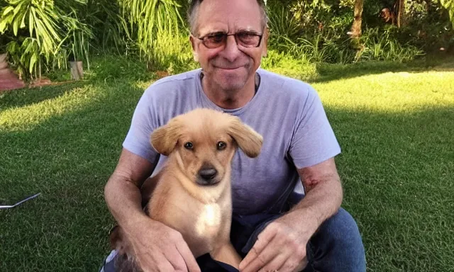 Image similar to My dad Steve just took a hit from the bongo and have good time being gracefully relaxed in the garden, sunset lighting. My second name is Carell. My dad second name is Carell. Im the dog and Steve Carell is my dad. Detailed face