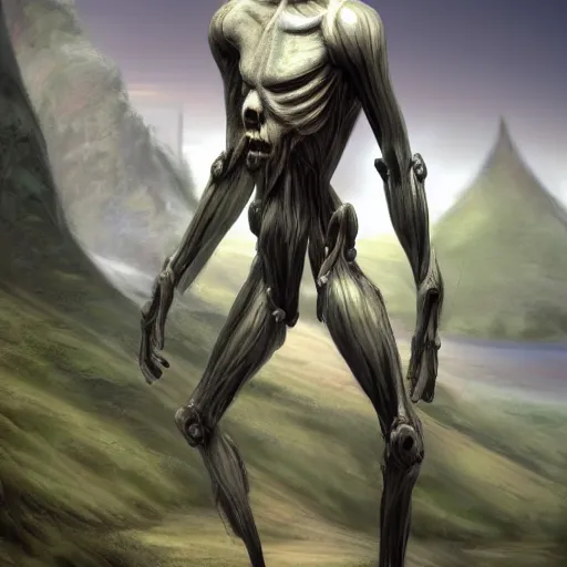 Image similar to average terran, humanoid, slender limbs, hairless head, high forehead, landscape, environment