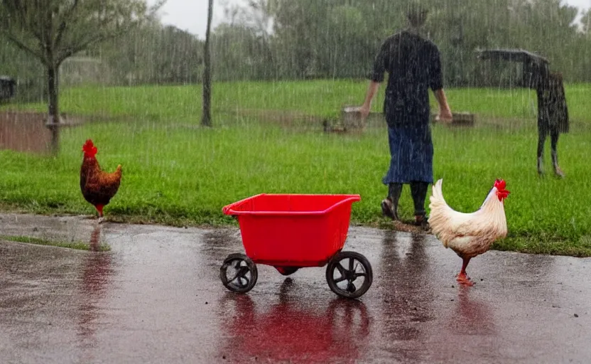 Prompt: a scene with a red wheel barrow where chickens are walking around in the rain.