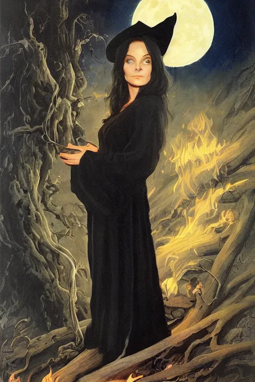 Image similar to portrait of a young witch in a black robe sitting on the ground next to a fire, full moon in the sky overhead, detailed face, highly detailed, by frank frazetta and boris vallejo