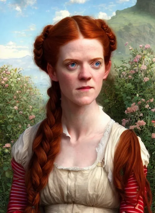 Image similar to portrait Rose Leslie as Pippi Longstocking, full length shot, shining, 8k highly detailed, sharp focus, illustration, art by artgerm, mucha, bouguereau