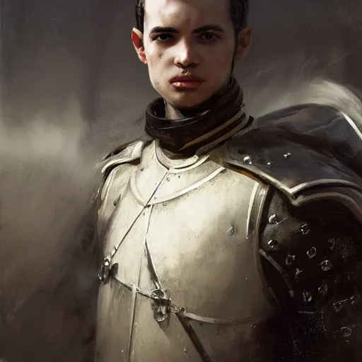 Prompt: Medium closeup young idealistic and pious male Imperial soldier wearing a black tabard with light yellow accents over a gambeson and a steel open helm, by Raymond Swanland Greg Rutkowski Lise Deharm, {perfect face}, {perfect eyes}