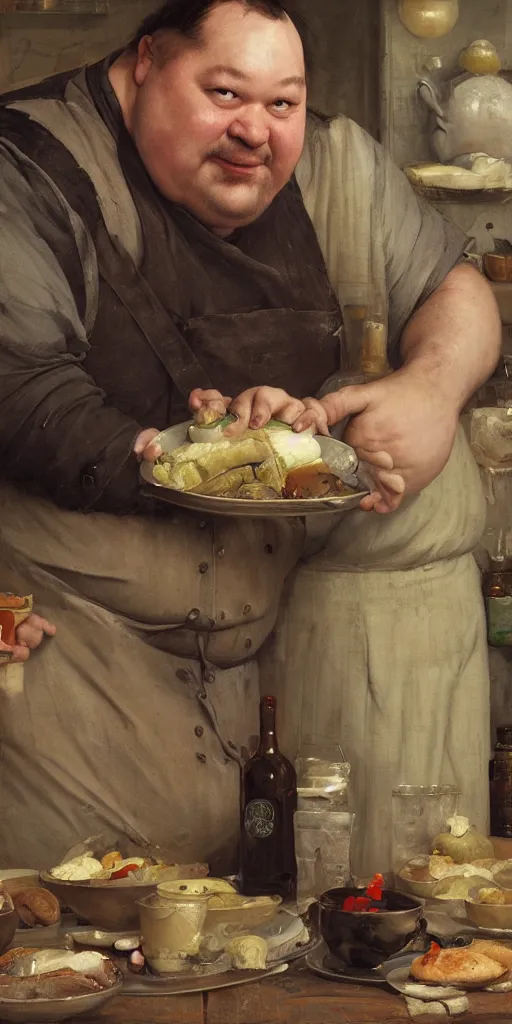 Image similar to portrait of a fat tavern ownler with dirty apron by Edgar Maxence and Ross Tran and Michael Whelan, 8k, octane render