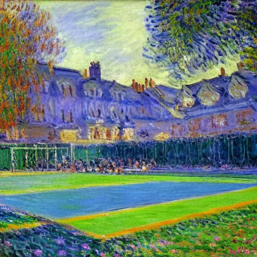 Image similar to tennis court, art by claude monet, impressionism, oil painting, bright colors, advertising painting