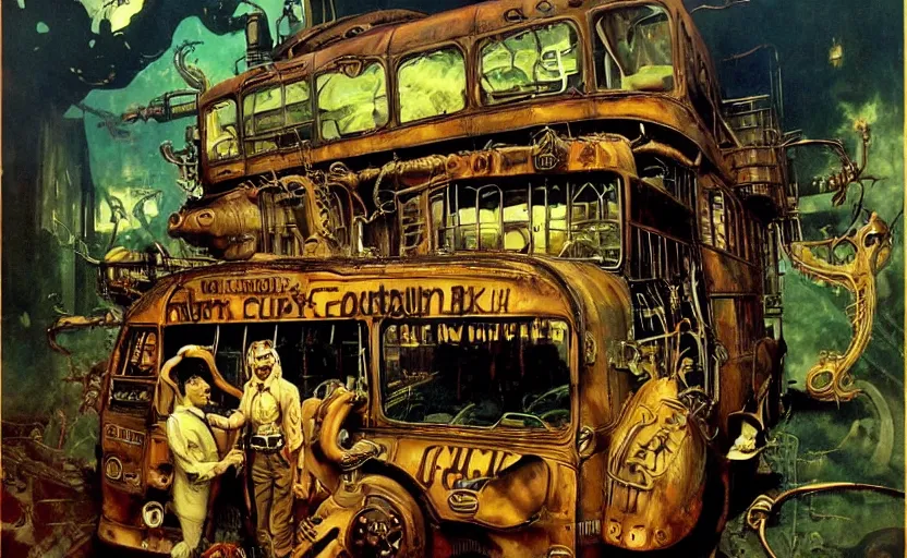 Image similar to cthulhu devouring a steampunk school bus. highly detailed science fiction painting by norman rockwell, frank frazetta, and syd mead. rich colors, high contrast, gloomy atmosphere, dark background. trending on artstation