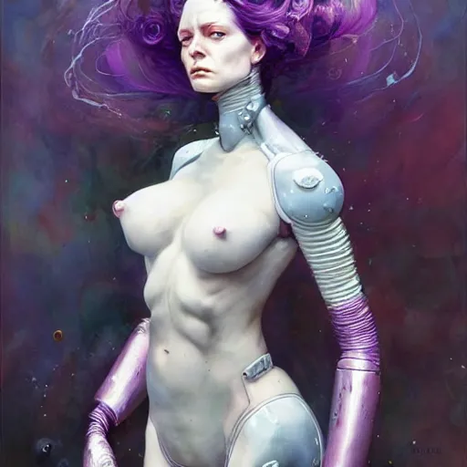 Image similar to pale woman in sci - fi power armor with purple hair, powerful, domineering, stoic, masterful, intense, in the style of adrian ghenie, esao andrews, jenny saville,, surrealism, dark art by james jean, takato yamamoto