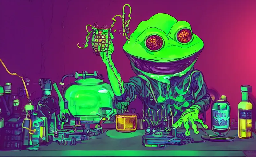 Image similar to an evil cyberpunk frog doctor making a poisonous drink in his alchemist laboratory, synthwave art trending on artstation