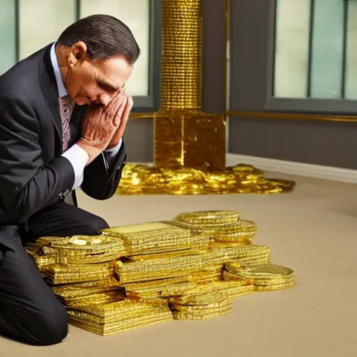 Image similar to kenneth copeland on his knees praying, surrounded by gold and money