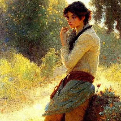 Prompt: intimate Gaston Bussiere portrait of Tracer (Overwatch) in the midst of serene natural scenery