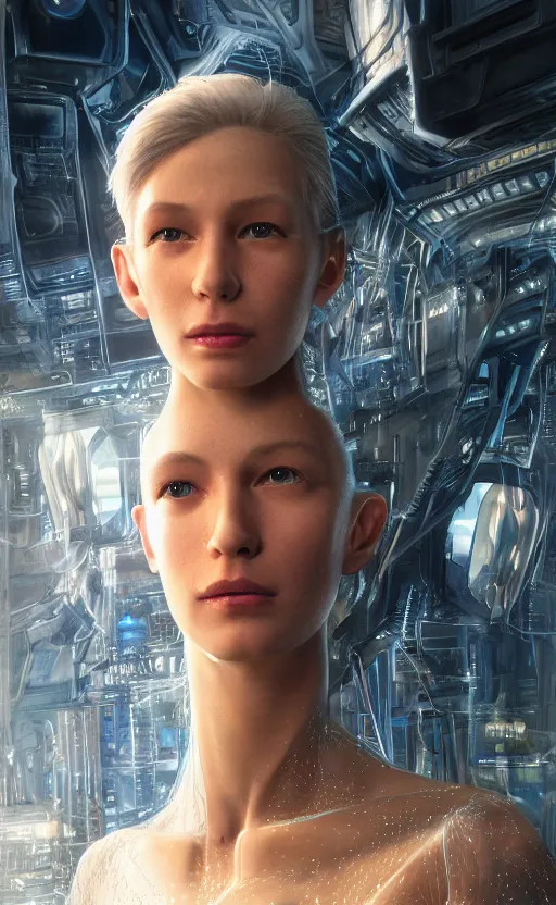 Image similar to Female in office dress, hyperrealistic mixed media, stunning 3d render inspired art by P. Craig Russell and Barry Windsor-Smith + perfect facial symmetry + dim volumetric lighting, 8k octane beautifully detailed render, post-processing, extremely hyperdetailed, intricate futuristic mechanic parts, epic composition, grim yet sparkling atmosphere, cinematic lighting + masterpiece, trending on artstation