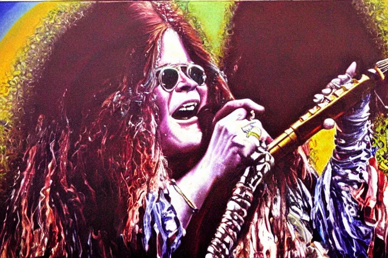 Prompt: highly detailed oil painting of janis joplin playing in woodstock 1 9 6 9, very realistic, top view, art nouveau, dramatic light,