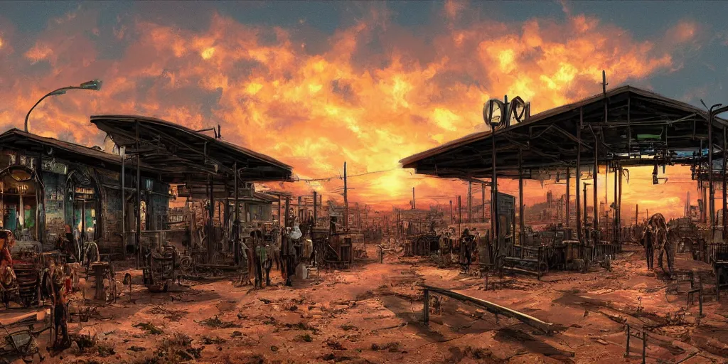 Prompt: train station roadside old west saloon cyber punk post apocalyptic cactus graveyard sunset sky clouds illustration by syd mead artstation 4 k 8 k graphic novel concept art matte painting