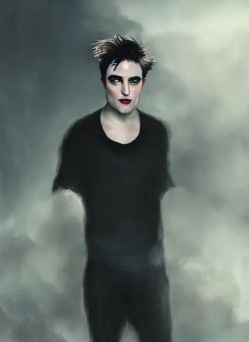 Image similar to well - shaven robert pattinson, black outfit, cape, in the style of tom bagshaw, sandman, misty endless dream cinematic background, netflix sandman