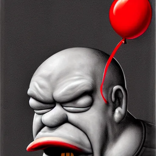 Image similar to surrealism grunge cartoon portrait sketch of homer simpson with a wide smile and a red balloon by - michael karcz, loony toons style, chucky style, horror theme, detailed, elegant, intricate