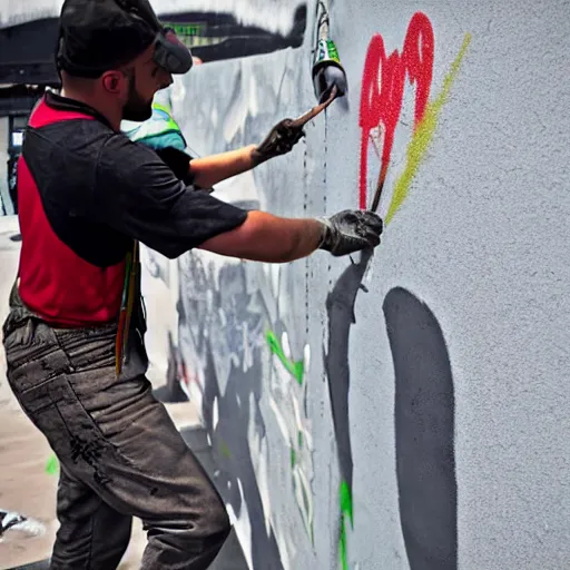 Prompt: graffiti artists spray painting a concrete wall with war propoganda