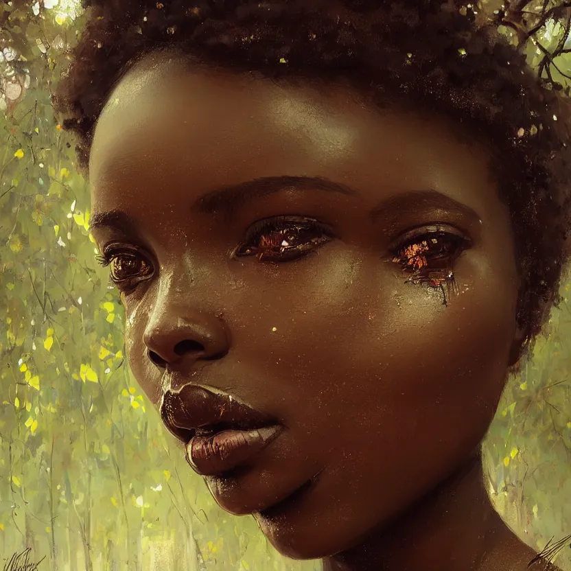 Prompt: detailed portrait of a african woman with beautiful eyes and thick lip forest girl, flowers and trees, by ismail inceoglu dragan bibin hans thoma greg rutkowski alexandros pyromallis nekro rene maritte illustrated, perfect face, fine details, realistic shaded, fine - face, pretty face