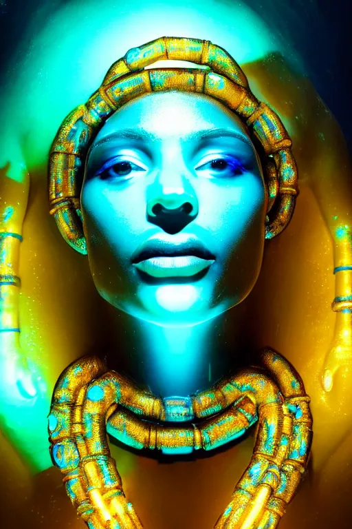 Image similar to hyperrealistic cybernetic cinematic bioluminescent very expressive! oshun goddess underwater, whole body, gold jewerly, highly detailed face, digital art masterpiece, smooth eric zener cam de leon, dramatic pearlescent turquoise light on one side, low angle uhd 8 k, shallow depth of field