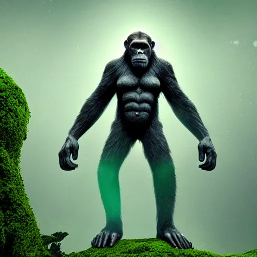 Image similar to cinema 4D colorful render, utopian jungle in space , planet of the apes, ape kingdom, old decaying statue of ape, a detailed zoned in human anatomy veins, nature, heavy green, dramatic lens flares, apes hanging from vines, a evil dark sun , depth field, unreal engine, sharp, incredible detail, professional composition, quality digital art, 4k, 4k concept art and hyper realism