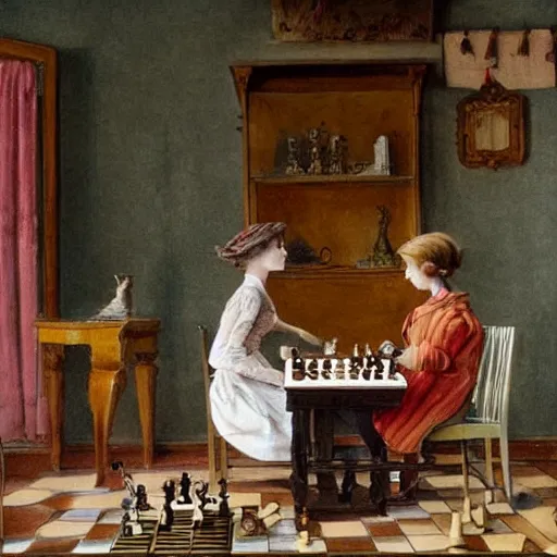 Image similar to a rabbit and a young edwardian woman playing chess in a room, in the style of carl larsson
