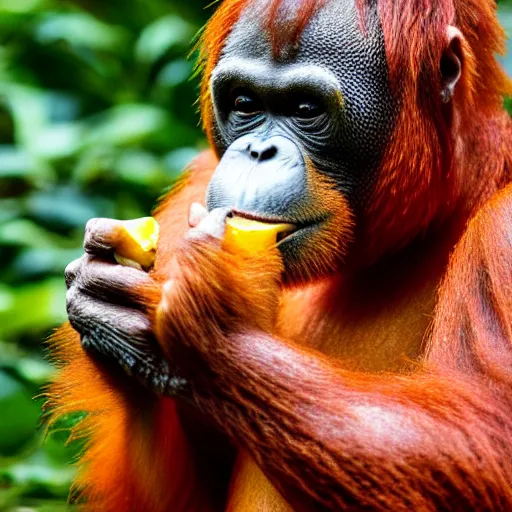 Image similar to pixel art of an orangutan eating a banana 4 k, high resolution, still, landscape, hd, dslr, hyper realistic