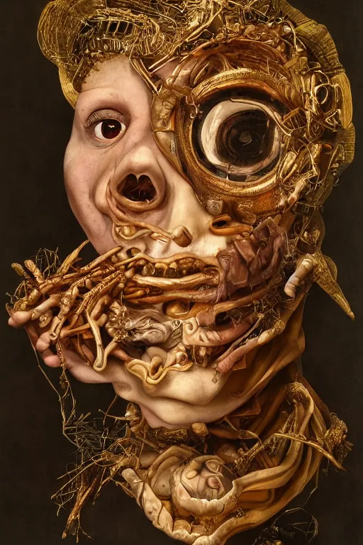 Prompt: Detailed maximalist portrait with large lips and with large wide eyes, surprised expression, surreal extra flesh and bones, HD mixed media, 3D collage, highly detailed and intricate, golden ratio, illustration in the style of Caravaggio, dark art, baroque