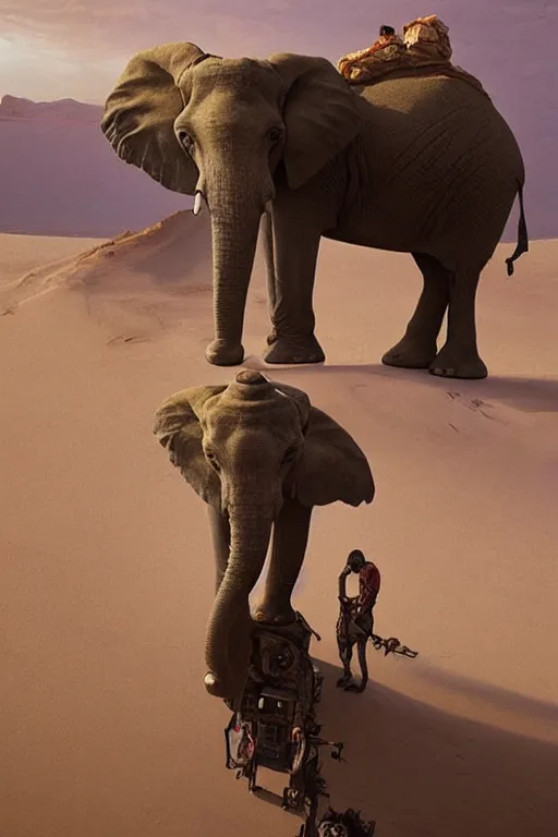 Prompt: 🐘 as 🤖 as 👽 as 🐳, desert photography, by greg rutkowski and edgar maxence