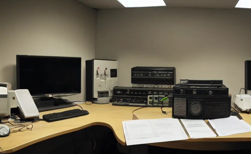 Image similar to looking over a man sitting by desk talking into tannoy system. low lit radio booth, one single lamp, keyboard, door to lab, sweaty. strange