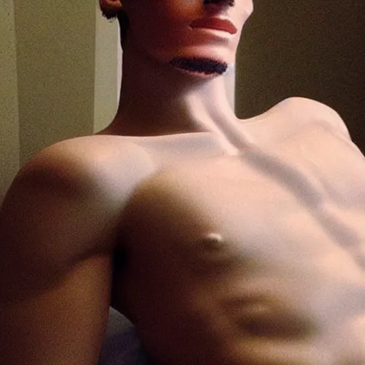 Image similar to “ a realistic detailed photo of a guy who is an attractive humanoid who is half robot and half humanoid, who is a male android, soccer player antoine griezmann, shiny skin, posing like a statue, blank stare, on the bed, on display ”