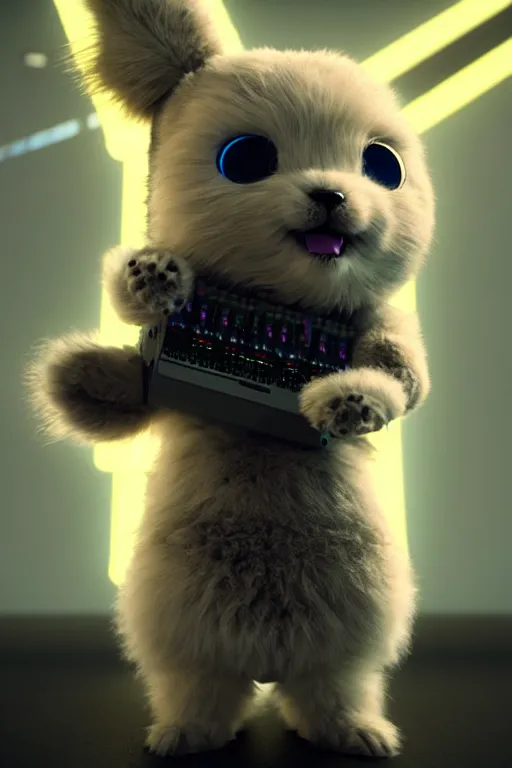 Image similar to high quality 3 d render very cute fluffy cyborg!! dog! plays synthesizer, cyberpunk highly detailed, unreal engine cinematic smooth, in the style of blade runner & detective pikachu, hannah yata charlie immer, moody light, low angle, uhd 8 k, sharp focus