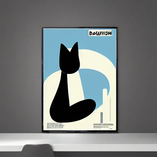 Image similar to A bauhaus poster of a cat watching a mushroom cloud in the distance