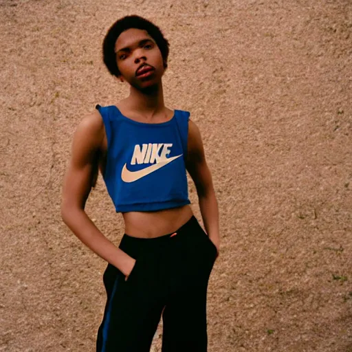 Image similar to realistic! photoshoot for a new nike lookbook, color film photography, portrait of a beautiful woman, in style of tyler mitchell, 35mm