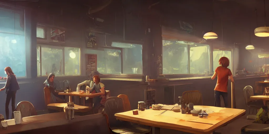 Prompt: an environmental concept art of life is strange, diner, highly detailed, environmental light, cinematic by francis tneh