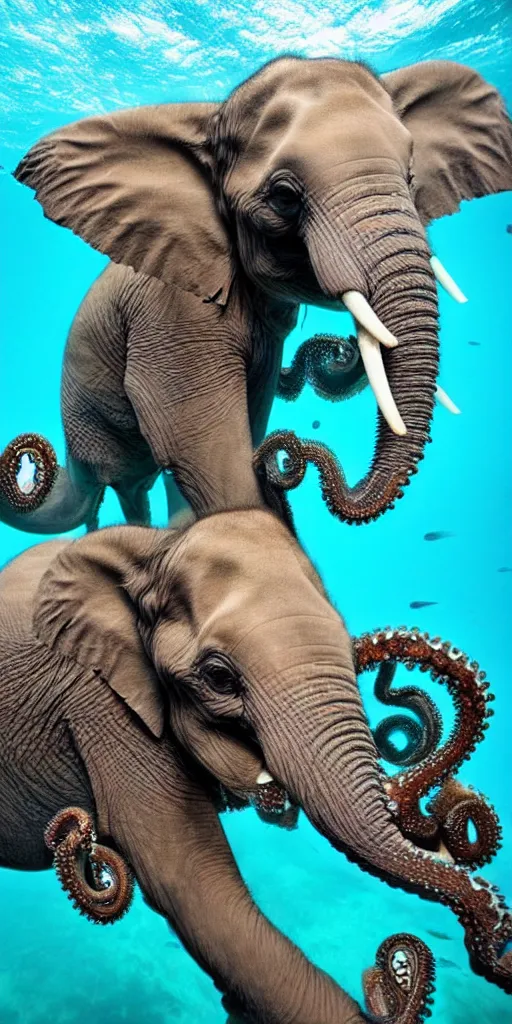 Prompt: an elephant mixed with an octopus in its natural habitat in deep dark waters, award winning photo