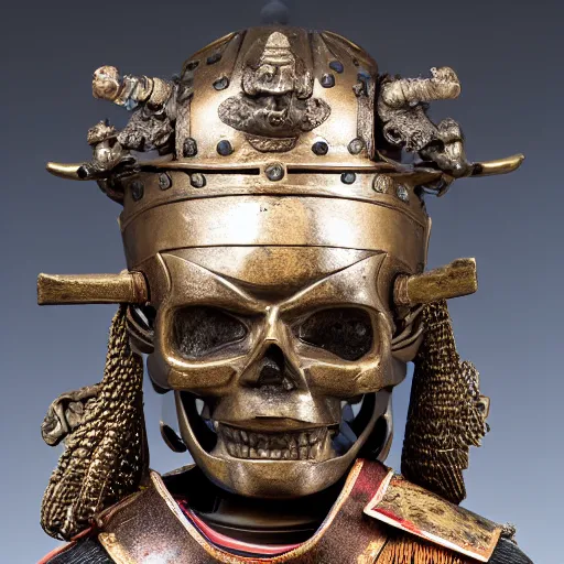 Prompt: old bronze skull of toyotomi hideyoshi wearing a samurai helmet, professional photo shot, depth of field, intricate details