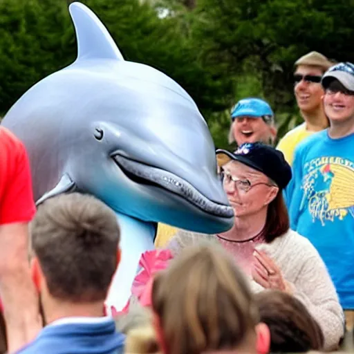 Image similar to a politician with a dolphin head talking to a crowd of Americans