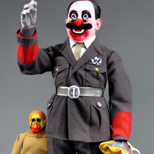 Image similar to adolf hitler clown action figure, well lit, studio light, painted action figure, toy advertisement, toy package