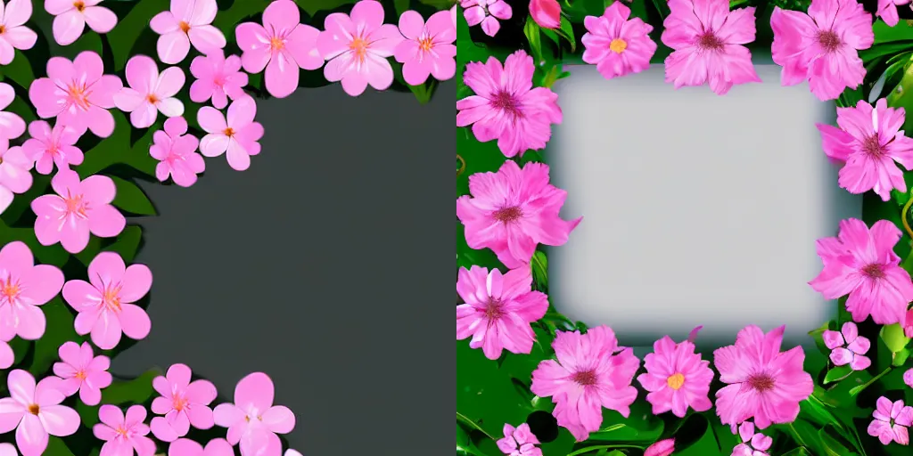 Prompt: Frame of delicate flowers spring pink flowers on white background