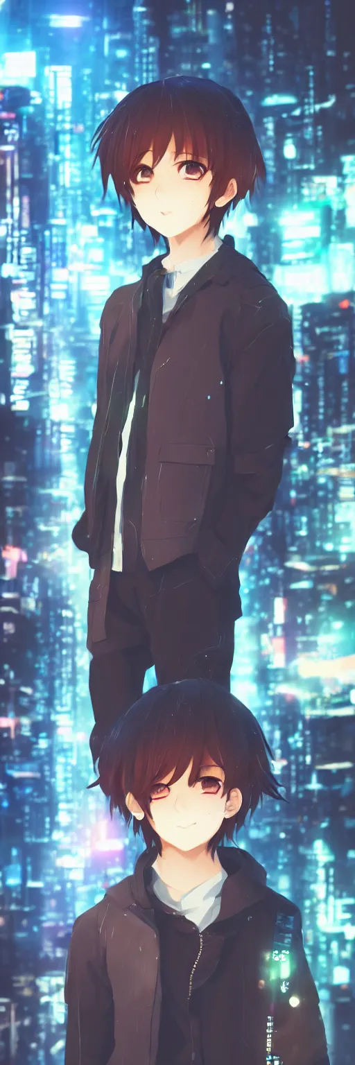 Image similar to a beautiful portrait of a cute anime boy in cyberpunk city. volumetric lighting, subsurface scattering, hyperrealistic, render, hyperdetailed