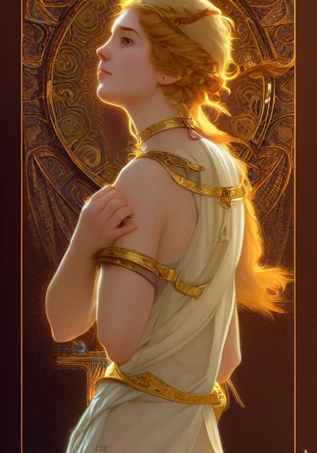 Prompt: zelda gold hair, intricate, elegant, highly detailed, digital painting, artstation, concept art, smooth, sharp focus, illustration, art by artgerm and greg rutkowski and alphonse mucha and william - adolphe bouguereau