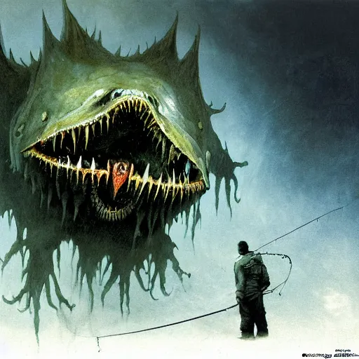 Prompt: A terrifying image of a Giant Satanic Angler-Fish Demon in the darkness of the Marianas Trench Abyss, fullbody, intricate, demonic, video game art, highly detailed, artstation, green field with village ruins, concept art, smooth, sharp focus, illustration, art by greg rutkowski and orientalism and bouguereau and Zdzislaw Beksinski, good clear quality, lighting, biology, symmetrical artwork, perfect face, 135 mm, cinematic, hyper realism, high detail, octane render, 8k, chrome accents