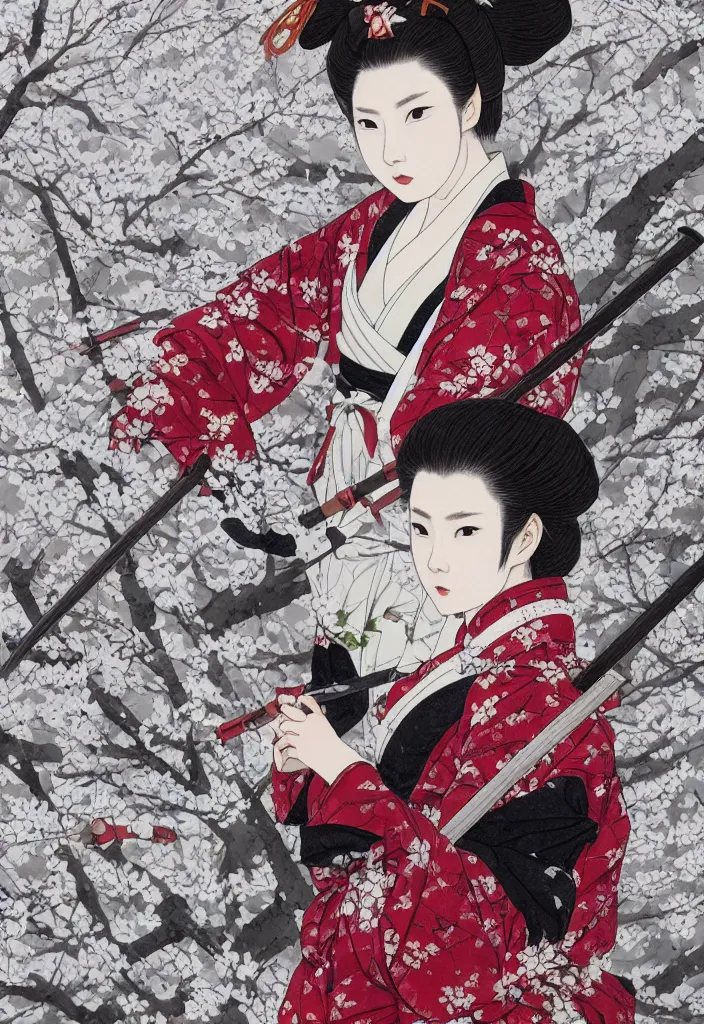 Image similar to detailed portrait of girl samurai in hakama with swords and rifles, in snow forest sakura cherry blossom, hakama kimono, taisho roman, trending on artstation, elite, elegant, luxury, by takato yamamoto, perfect face, fine details, realistic shaded, fine - face, pretty face