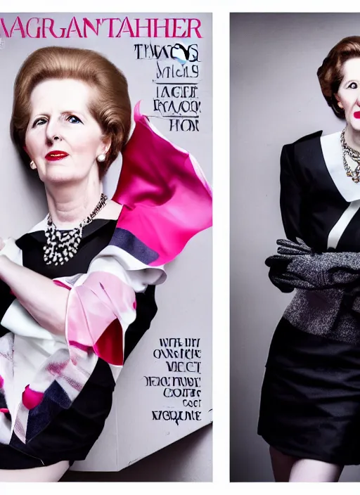 Image similar to margaret thatcher themed fashion photoshoot, fashion magazine, vogue, professional photography, volumetric lighting, high quality detail