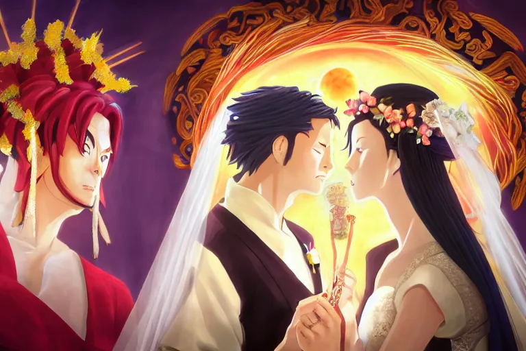 Image similar to a cinematic portrait of wedding photograph jpeg close up moment of a divine a japan sun god and moon goddess lovers magician at a wedding banquet. portraiture. digital painting. artstation. concept art. wedding photo. digital painting. naruto the movie art masterpiece by art by krenz cushart