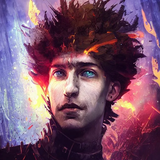 Image similar to !dream Infernopunk Spike Spiegel Magician Portrait portrait portrait Dungeon Exterior Man TheWitcher3WildHunt TheElderScrollsOblivion Cover Art Face Head Eyes Snack Warlock Wearing Flame Vest Ismail Inceoglu Arnold Bocklin Jakub Rebelka dug stanat Anime Brushstrokes Oil Painting Impasto