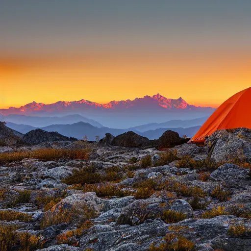 Prompt: an orange tent in the foreground of the sierra mountains at dawn, photo, 4 k