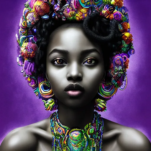 Prompt: the portrait of the absurdly beautiful, graceful, elegant, gorgeous, sensual young black girl goddess made of rainbow soul spirit, an ultrafine hyperdetailed photograph by kim jung gi, irakli nadar, intricate linework, bright colors, high contrast, octopath traveler, final fantasy, unreal engine 5 highly rendered, global illumination, radiant light, intricate environment