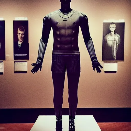 Image similar to “ a realistic detailed photo of a guy who is an attractive humanoid who is half robot and half humanoid, who is a male android, soccer player antoine griezmann, shiny skin, posing like a statue, blank stare, at the museum, on display ”