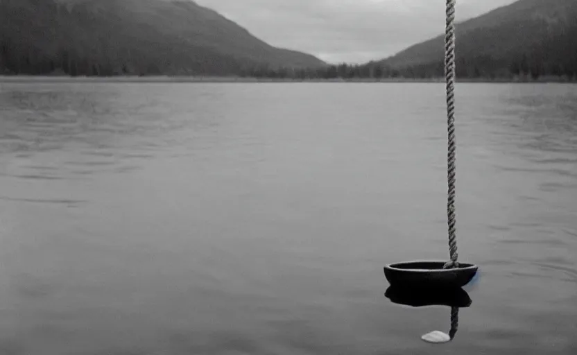 Image similar to cinematic still screenshot detailed photo of a moody lake with a rope floating in the center, shot by saul leiter, camera height 7 feet, moody cinematography, 2 4 mm anamorphic lens