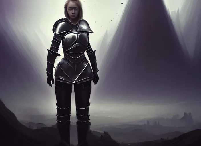 Image similar to landscape of a future city, a young english woman between the ages of 2 0 - 2 5 years, wearing armor and pointing a dagger, wearing a face full of anger. cinematic capture, dramatic condition, fine art, modern realism, sharp focus, good lighting, trending on artstation, trending on tiktok, smooth drawing, elegant, authoritative, without anomalies.