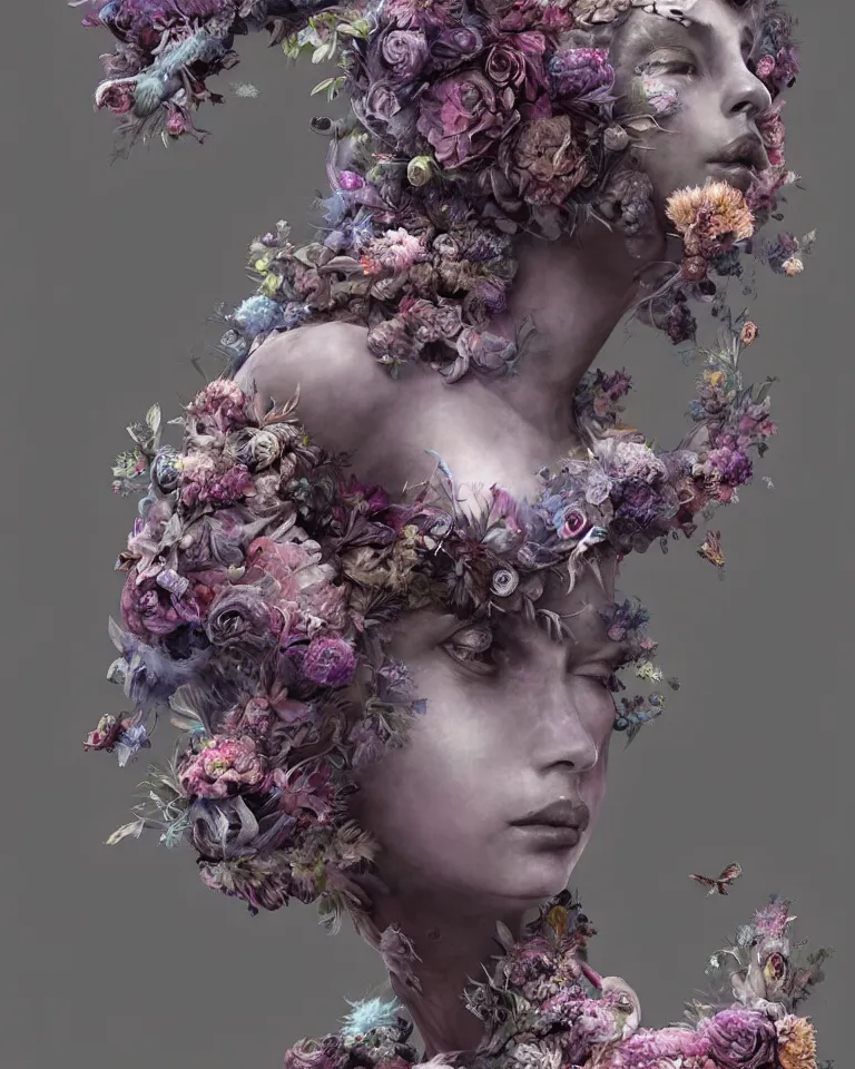 Prompt: a sculpture of interlaced gorgeous etherial females, made of mist, made of flowers, a digital painting, Andrew Ferez, Charlie Bowater, Marco Mazzoni, Seb McKinnon, Ryohei Hase, Alberto Seveso, Kim Keever, trending on cgsociety, featured on zbrush central, new sculpture, mystical